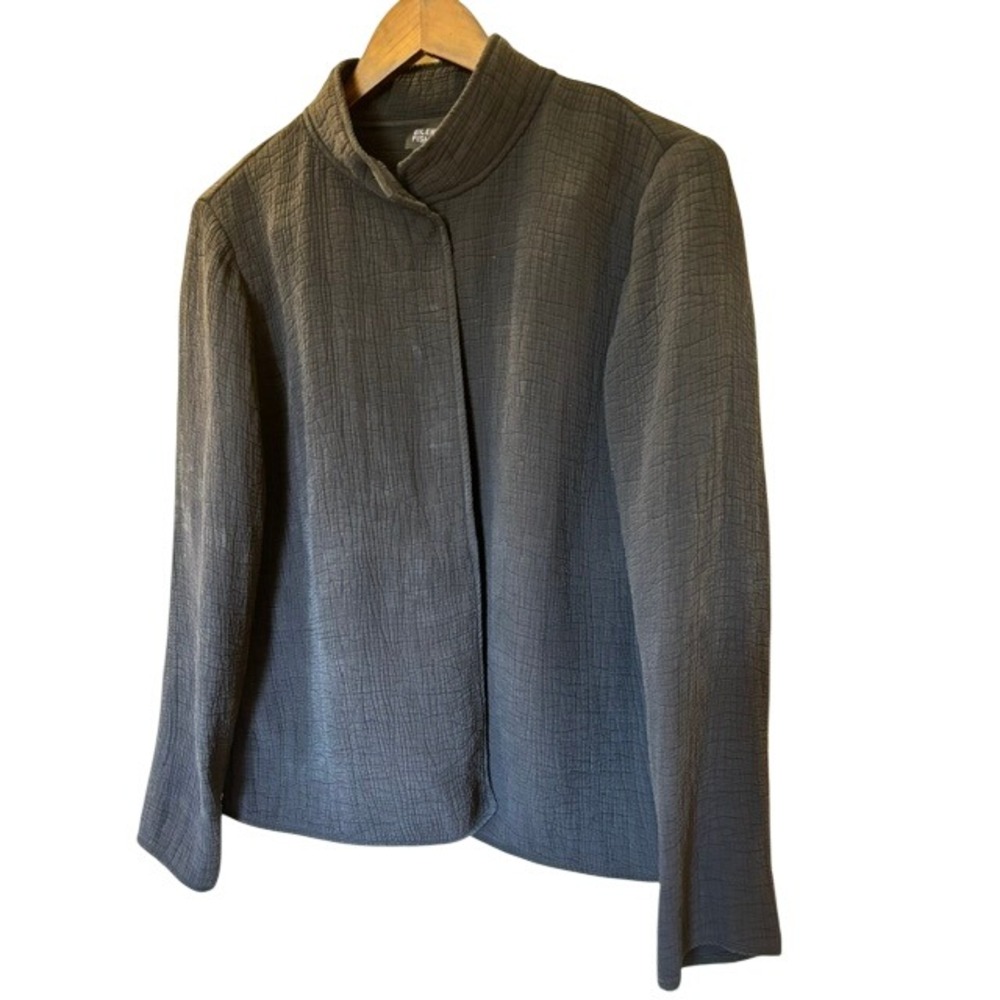 Eileen Fisher Charcoal Grey Silk Rayon Crinkle Quilted Mock Neck Jacket Medium